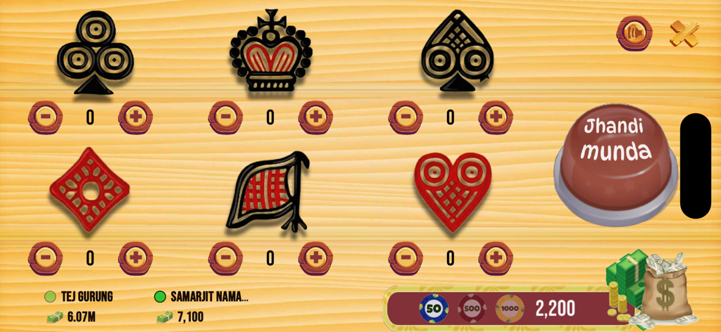 Traditional Jhandi Munda digital game board with symbols and betting chips