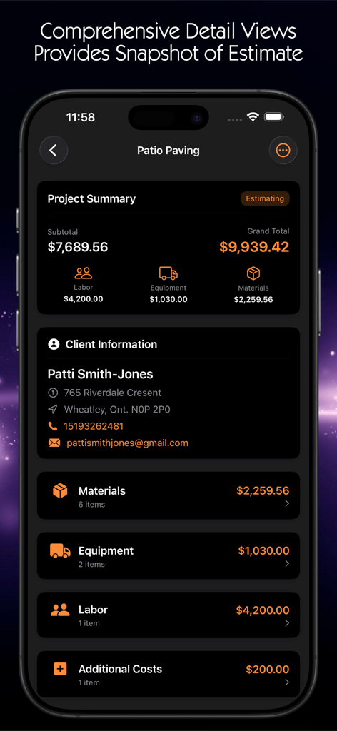 Paving Estimator - Project summary screen of the Paving Estimator app displaying a breakdown of labor equipment and material costs