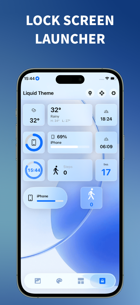 Liquid Theme - 26 Wallpapers - iPhone-Display, das einen futuristischen Sperrbildschirm-Launcher mit minimalistischen Glasmorphismus-Widgets für Wetter und Akku zeigt