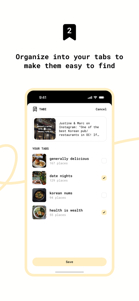 Pantalla que muestra cómo categorizar las publicaciones guardadas de redes sociales en pestañas personalizadas en la aplicación Tabi