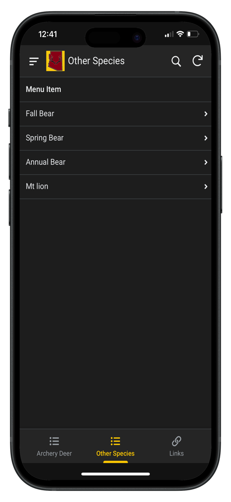 AZHuntQuota - A mobile app interface for AZHuntQuota showing the Other Species menu with options for Fall Bear, Spring Bear, Annual Bear, and Mt lion.
