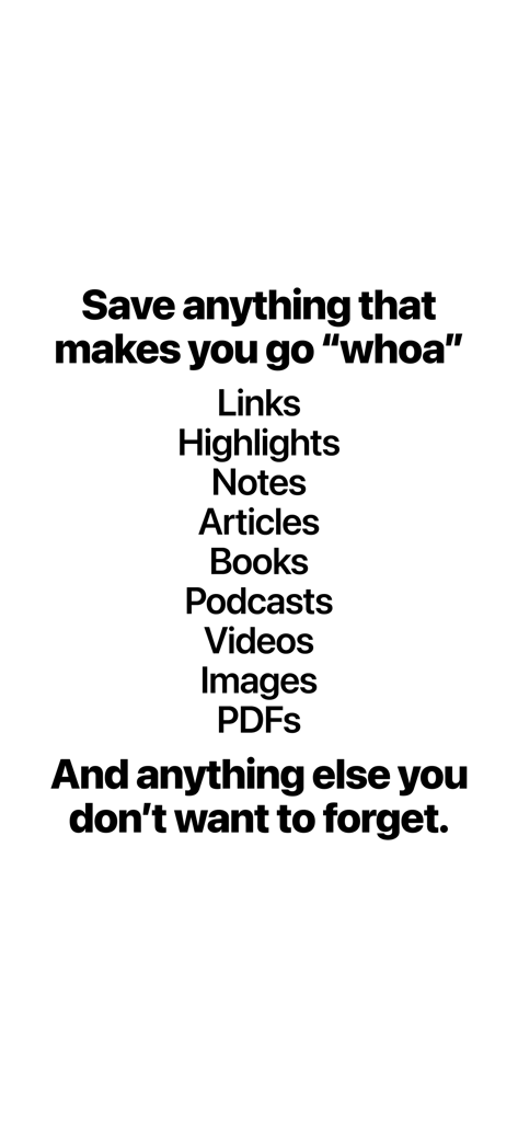 Sublime Internet - Sublime Internet app screenshot showing a list of savable items like links highlights notes and podcasts under the heading Save anything that makes you go whoa