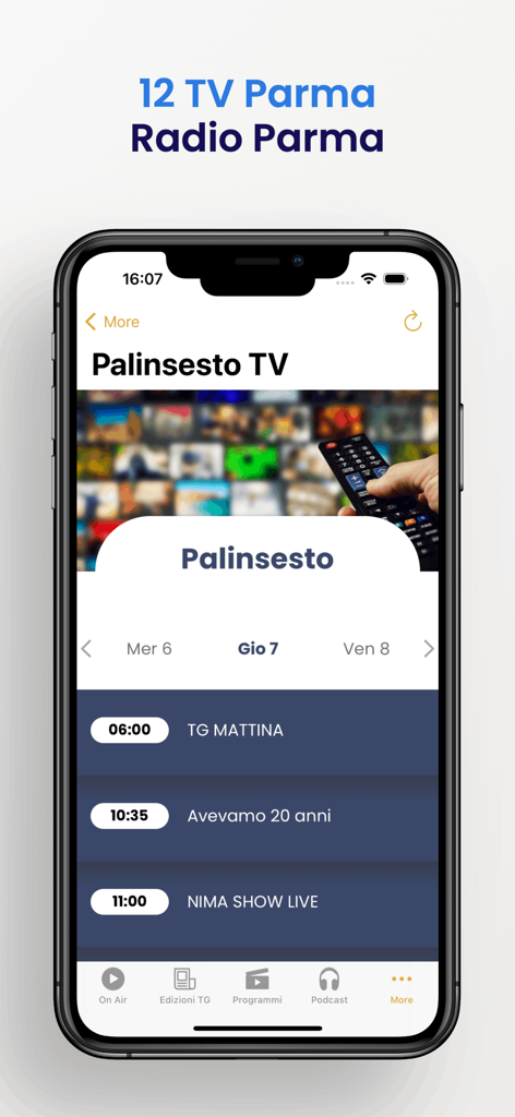 12 TV Parma - Schermata dell'app mobile 12 TV Parma che mostra il palinsesto televisivo giornaliero con orari e titoli dei programmi