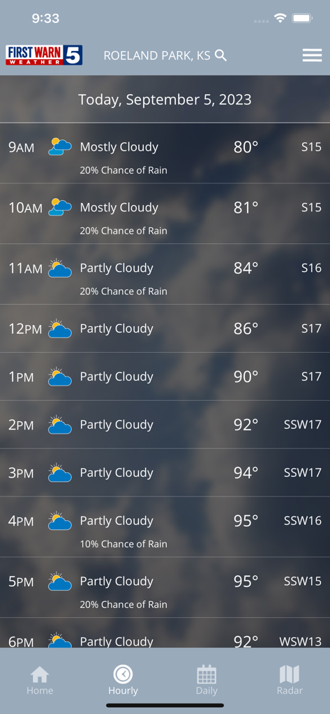 KCTV5 First Warn 5 Weather - Hourly weather forecast for Roeland Park on the KCTV5 First Warn 5 app