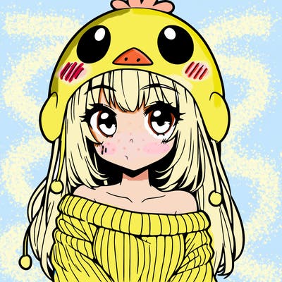 anime girl with chick shaped hat with sweater with bare shoulders with bangs covering them one eye with low tail