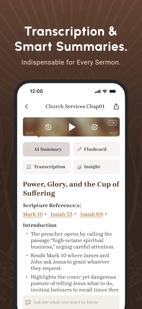 Bible Note Taker & Recorder - 聖書ノートテーカーアプリのインターフェース。聖書箇所参照付きのAI説教文字起こしとスマート要約を示しています