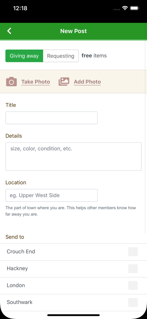 Trash Nothing + Freecycle - New post screen for giving away or requesting free items on the Trash Nothing app.