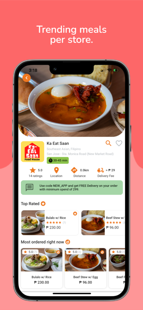 Deliverya - Deliverya app screen displaying trending meals from a Filipino restaurant including beef stew and bulalo