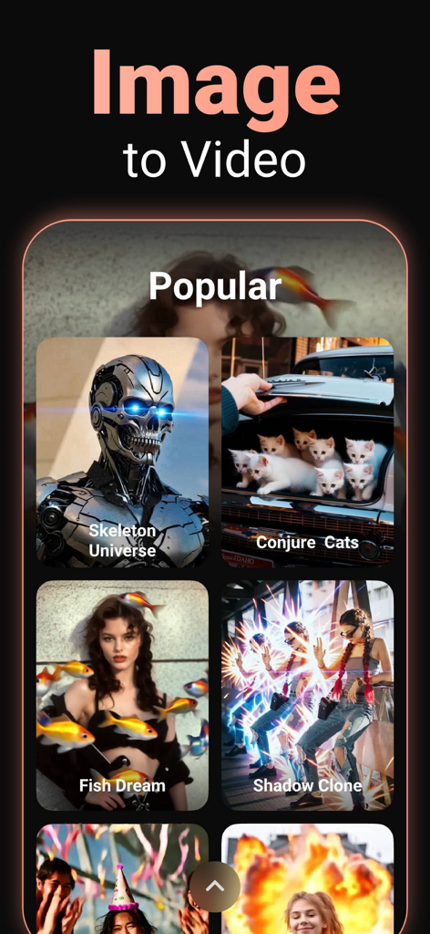 AI Video Generator - Viddo AI - Popular image to video templates in the Viddo AI app featuring skeleton and cat effects