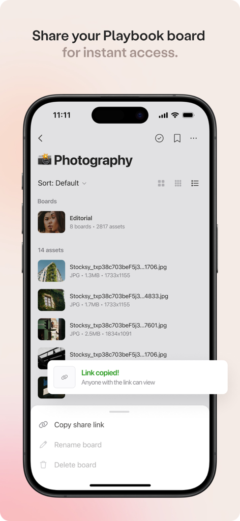 Playbook - Creative Storage - iPhone screenshot showing the Playbook app photography board with a notification confirming a share link has been copied