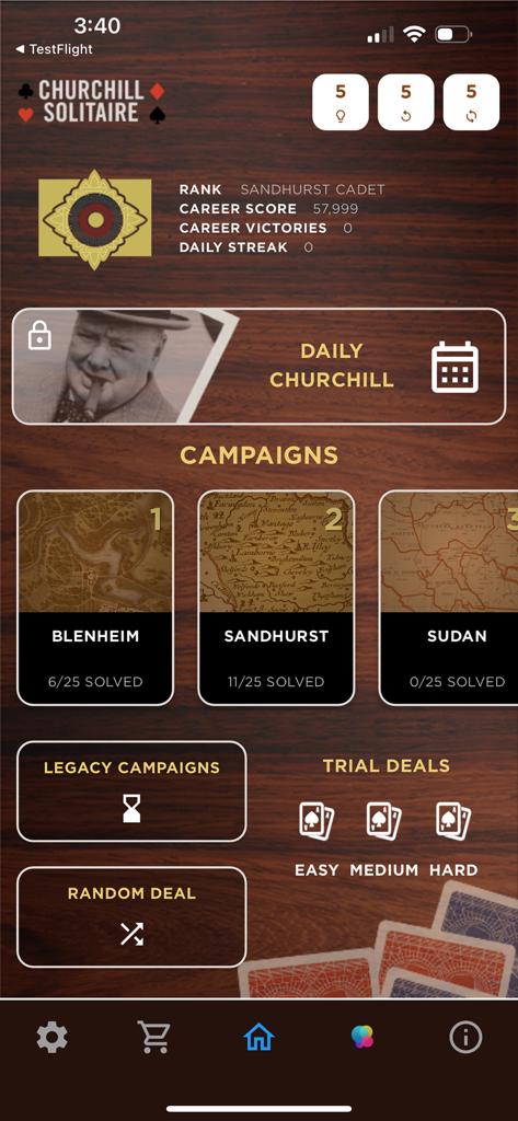 Main menu of the Churchill Solitaire app displaying campaigns and player status