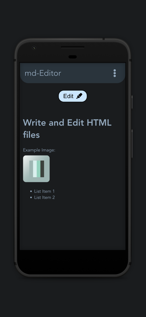 Markdown Editor and Reader - Interface of the Markdown Editor and Reader app showing a document preview with a list and an image