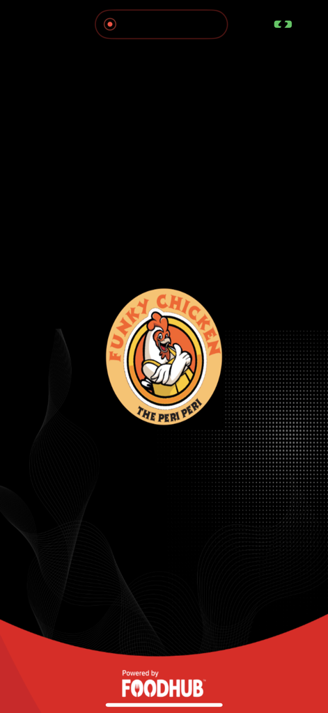 Funky Chicken Meir - Splash screen of the Funky Chicken Meir mobile app with mascot logo and Foodhub banner
