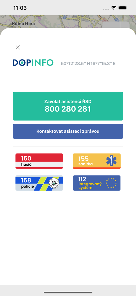 ŘSD dopravní informace - Emergency contact screen showing road assistance and rescue services for the Czech Republic