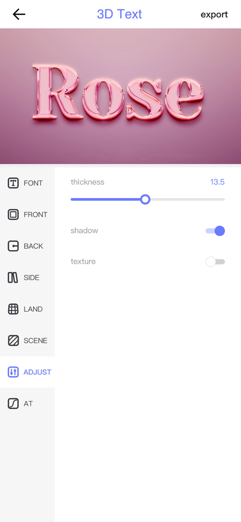 L'interface de l'application 3D Text montrant un mot Rose en 3D rose brillant avec des curseurs d'édition pour l'ajustement de l'épaisseur et des ombres