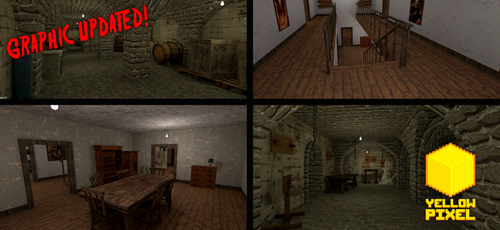 HeadHorse: Horror Game - Four screenshots of creepy rooms in HeadHorse Horror Game with text saying graphic updated