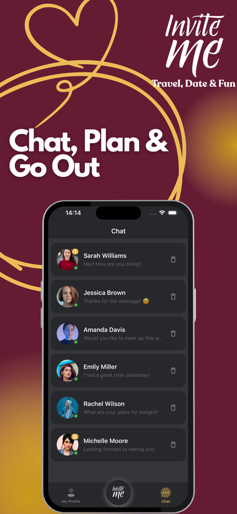 Una pantalla de aplicación móvil para Invite Me que muestra una lista de conversaciones de chat con posibles compañeros de viaje.