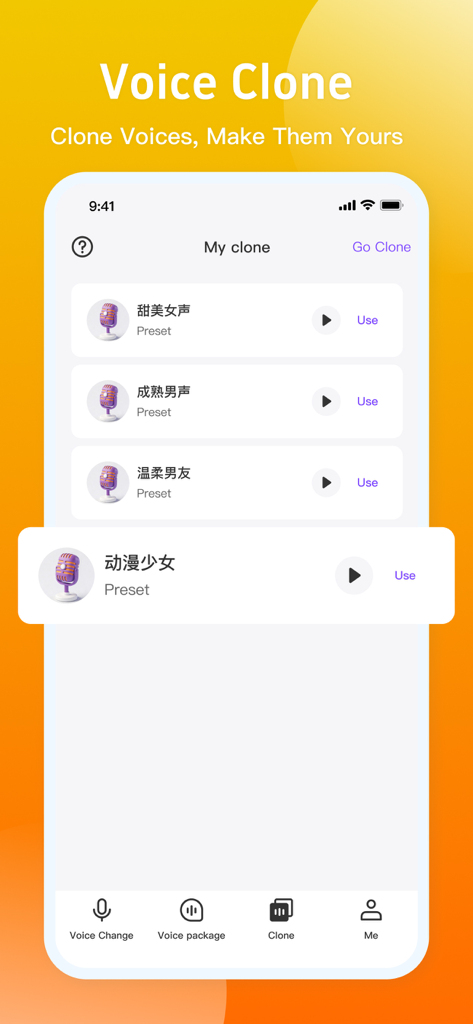 Voice Changer For Calls Plus - Interface of the Voice Changer For Calls Plus app showing the voice clone feature with various presets.