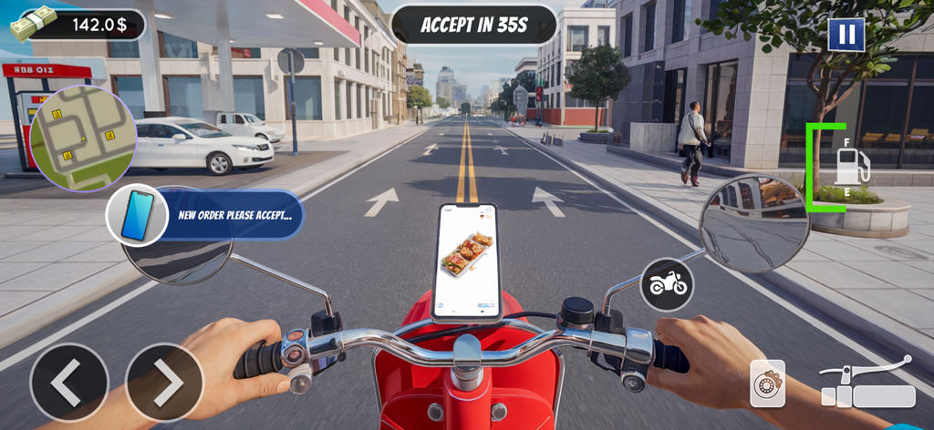 First-person view of a delivery rider on a scooter in a 3D city accepting a new food order