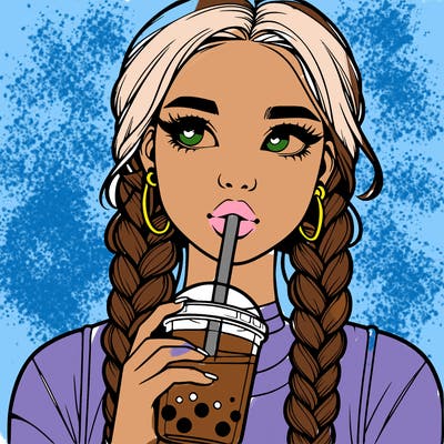 realistic girl with braided hair drinking boba