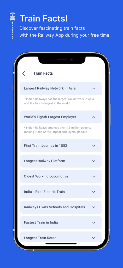 Where is my Train Live Status - Where is my Trainアプリに、インド鉄道に関する興味深い事実のリストが表示されているスマートフォンのディスプレイ