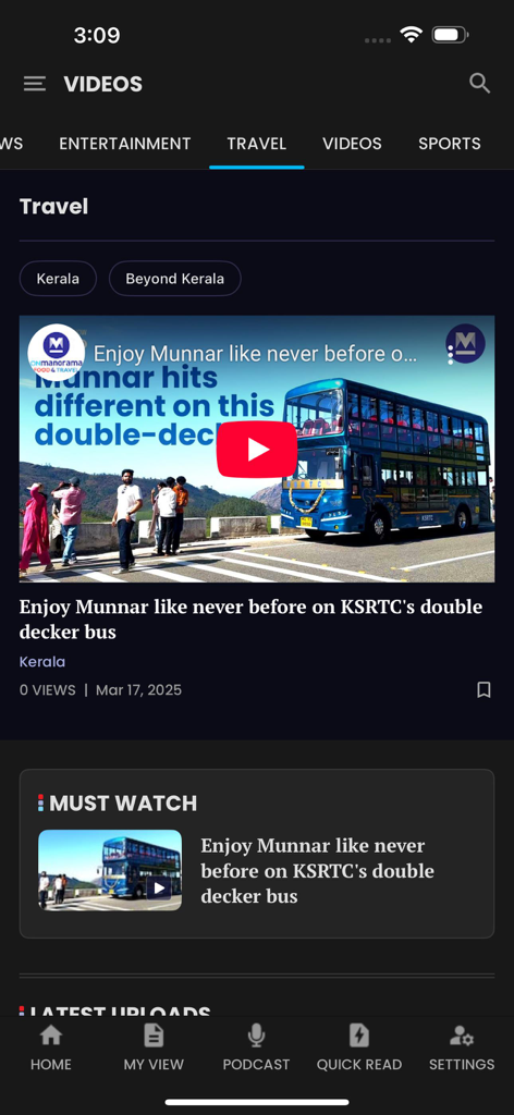 Travel section of the Manorama Online app featuring a video about a double decker bus in Munnar