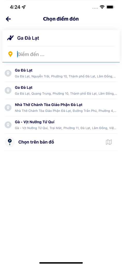 Lado Taxi - A mobile app screen showing the destination selection interface for Lado Taxi in Da Lat Vietnam with list of local landmarks.
