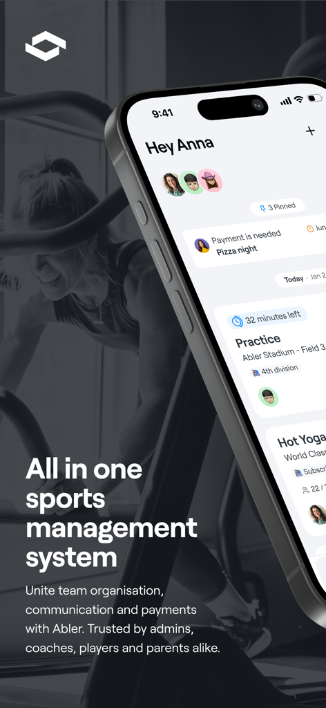 Interface de l'application de gestion sportive tout-en-un Abler pour la communication d'équipe et la planification