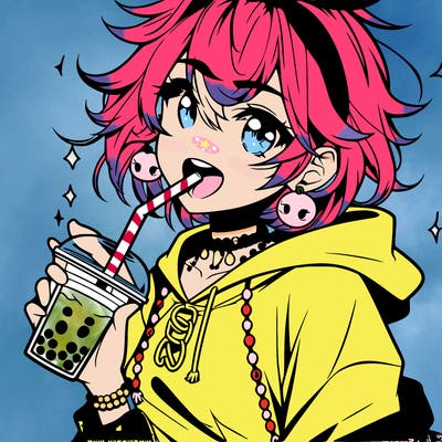 hot baddie anime girl drinking boba and biting the straw