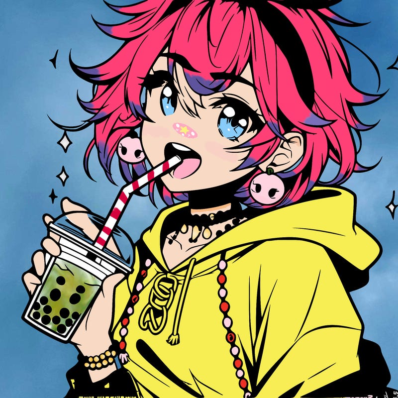 hot baddie anime girl drinking boba and biting the straw