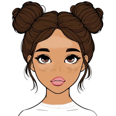 realistic girl with two buns on top of her head