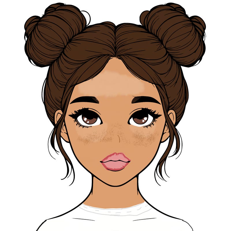 realistic girl with two buns on top of her head