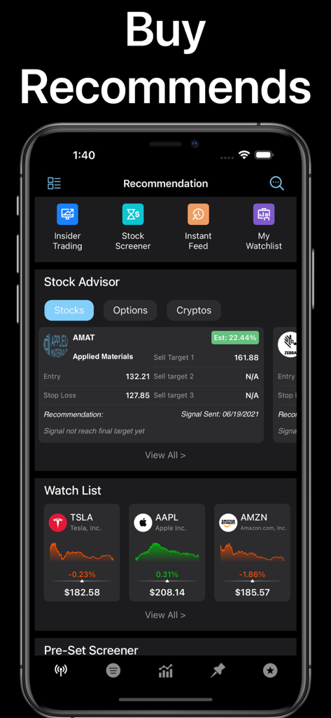 Stocks Advisor app showing buy recommendations for AMAT and a stock watchlist with Tesla and Apple