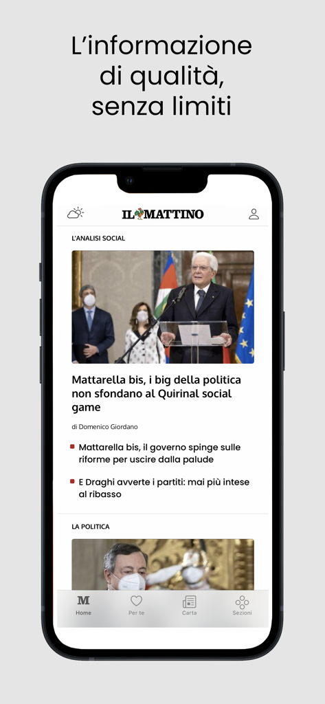 Il Mattino mobile news app interface on an iPhone displaying current Italian news headlines and politics