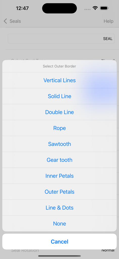 Um menu de seleção para escolher o estilo da borda externa de um carimbo digital de empresa