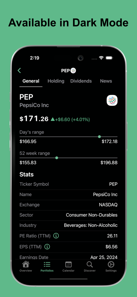 DivTracker app dark mode interface showing PepsiCo stock details and financial stats