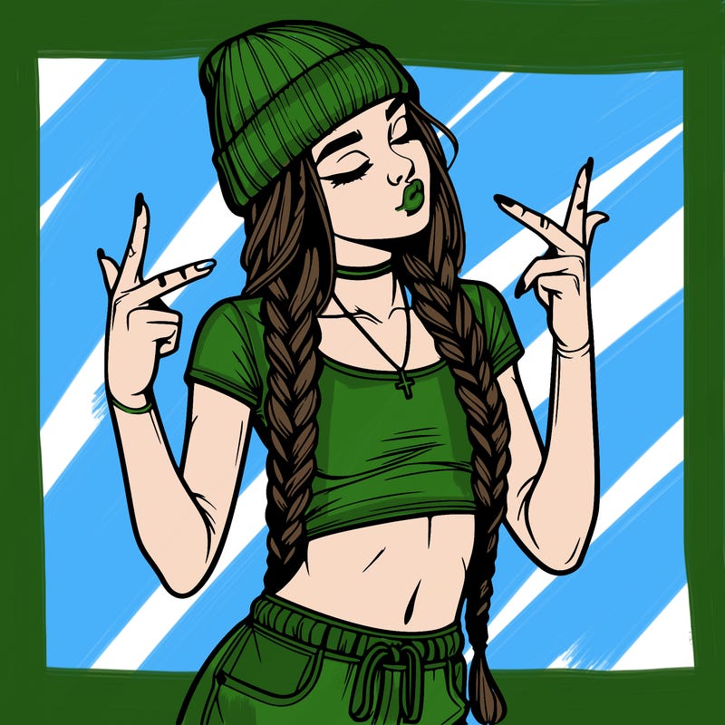 realistic teenage girl with braids and a beanie and crop top doing 🫶🏼