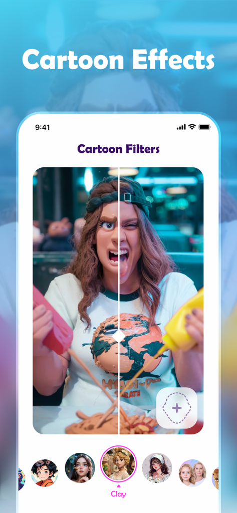 CoCola: AI generation tools - CoCola app interface showing a clay cartoon filter with a split screen before and after view