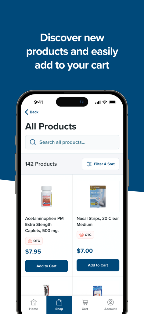 A mobile app interface from Benefits Pro showing a catalog of OTC health products like pain relief medicine and nasal strips with prices and add to cart buttons