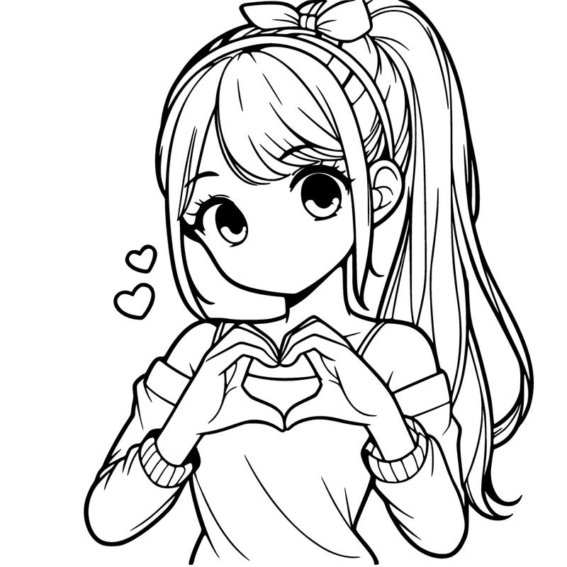 realistic girl with headband and high ponytail doing “ 💜 “ with her hands