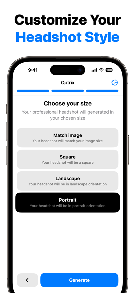 Professional Headshot: Optrix - App interface for selecting professional headshot sizes like portrait and square