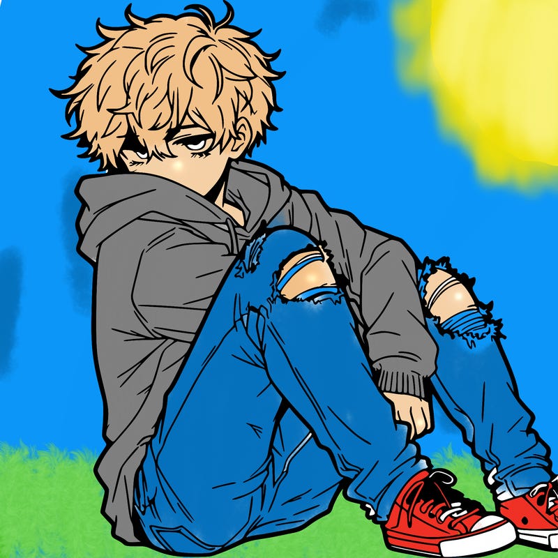 a male hoddie ripped jeans messy hair anime