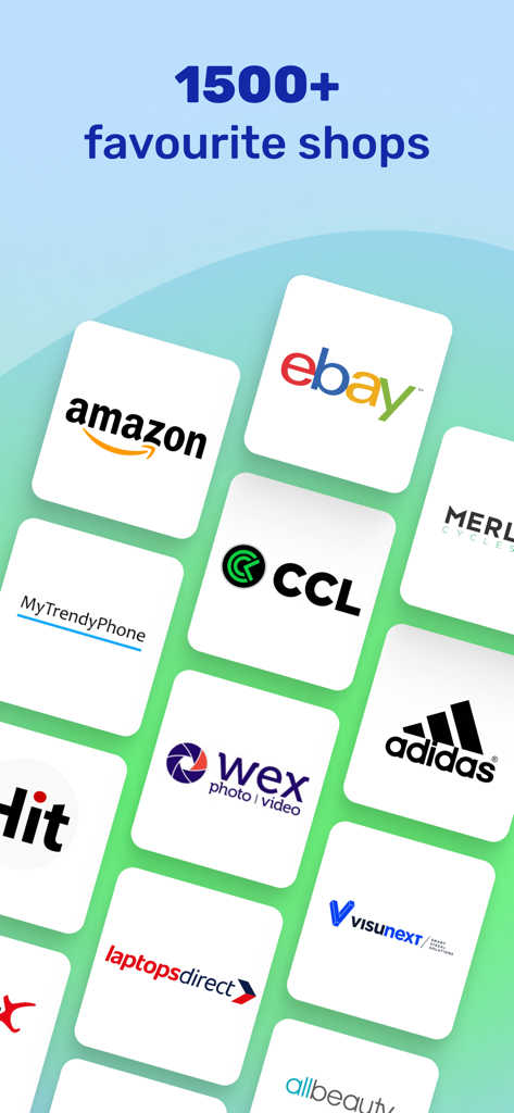 Capture d'écran marketing montrant les logos de plus de 1500 boutiques prises en charge dans l'application de comparaison de prix Geizhals, y compris Amazon et eBay.