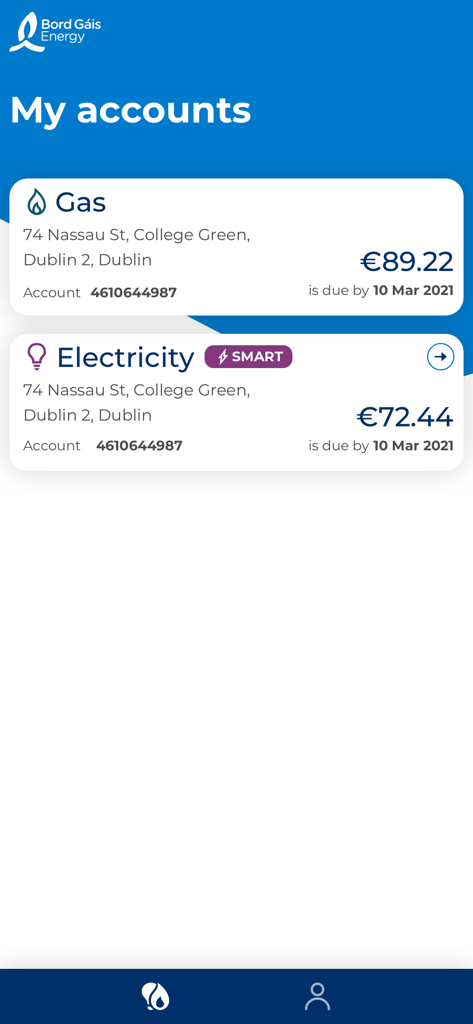 My Bord Gáis Energy mobile app dashboard showing account balances for gas and electricity