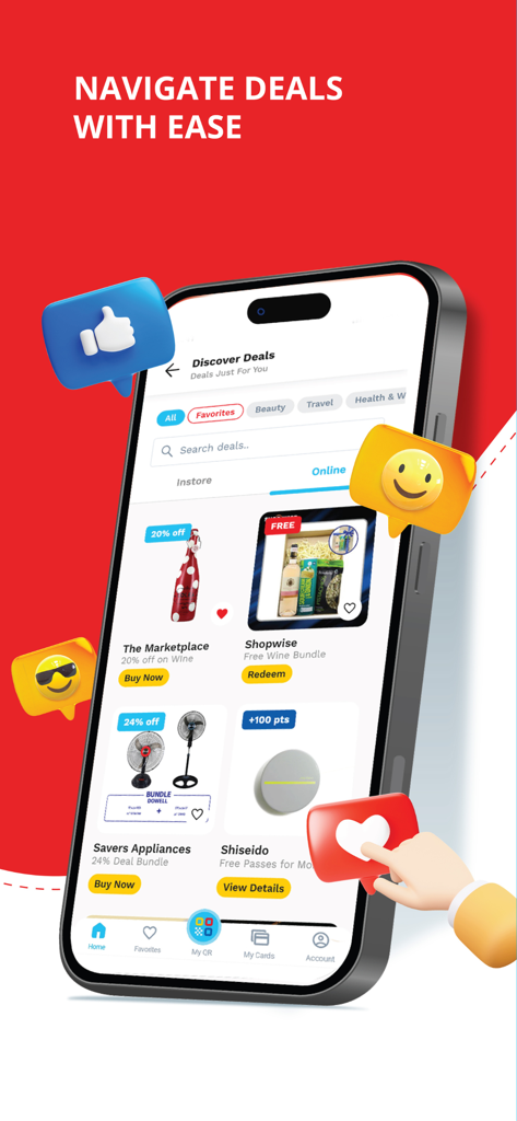 Go Rewards PH - Mobile screen of Go Rewards PH app showing the Discover Deals section with discount offers from partner stores.
