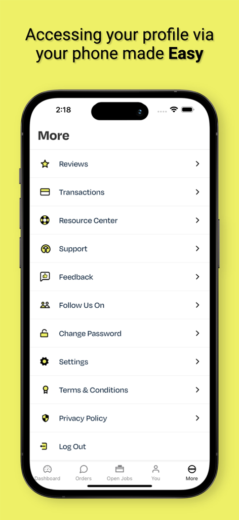 Book An Artist - Mobile interface of the Book An Artist app displaying the account settings and profile management menu.