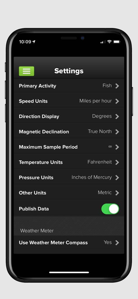 Wind & Weather Meter - Menu de configurações para o aplicativo Medidor de Vento e Clima mostrando unidades e configuração de atividade