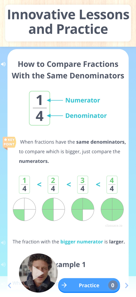 Class Ace의 초등 4학년 수학 수업으로, 동일한 분모를 가진 분수를 시각적 다이어그램을 사용하여 비교하는 방법 보여줌