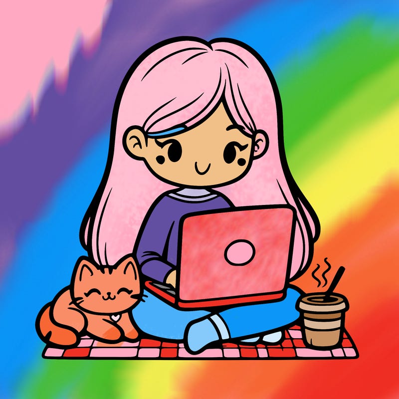 girl with coffee reading with laptop and cat