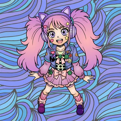 young girl dressed in decora fashion, long hair in pigtails, heart and star face stickers, headphones with cat ears, no background